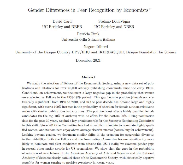 Women are under-represented in economics. Are they also under-recognized for their contributions? We study gender gaps in recognition for top honors, e.g., Econometric Society fellows, controlling for pubs and cites, going back 70+ years. Read on econometricsociety.org/publications/e…