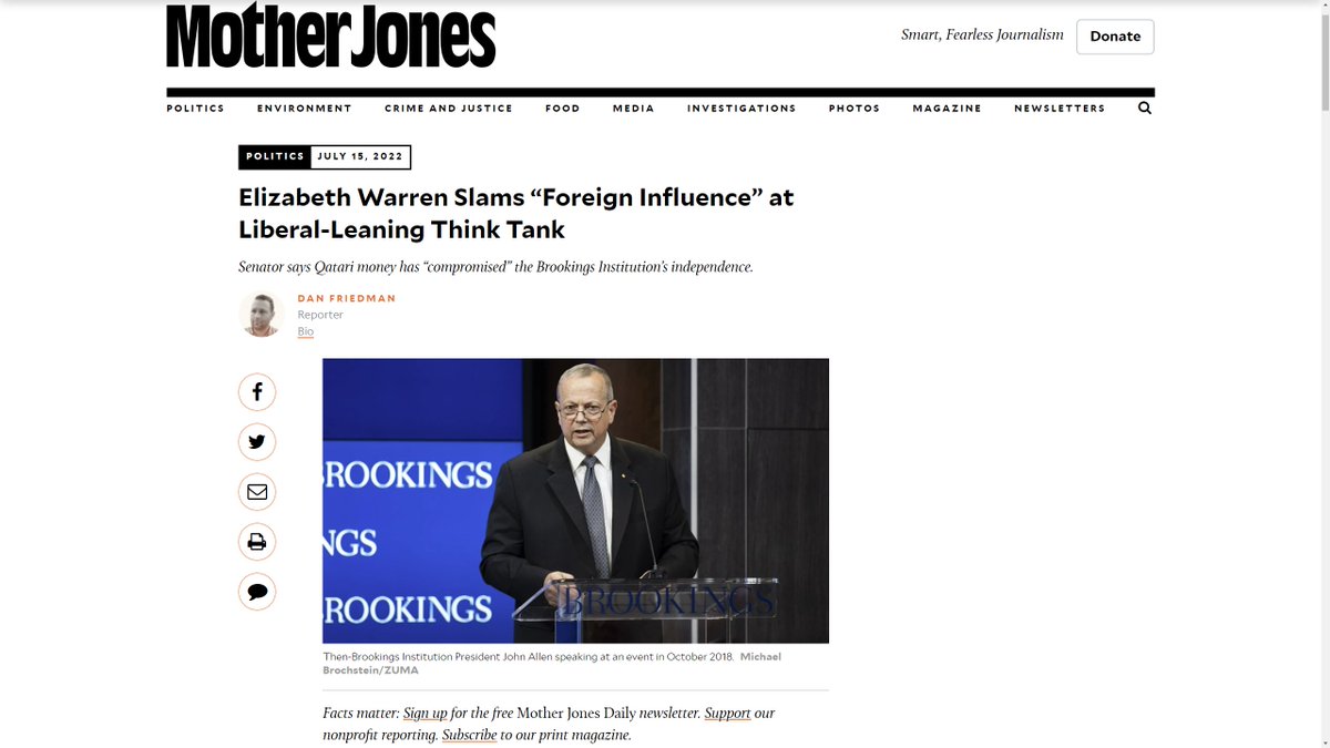 codyave's tweet photo. "Elizabeth Warren Slams 'Foreign Influence' at Liberal-Leaning Think Tank"
Dan Friedman (July 15, 2022)
#allen #olson #liu #talbott #brookings #qatar
https://t.co/dBt1mVp3V8 https://t.co/Tb7McC8t3O