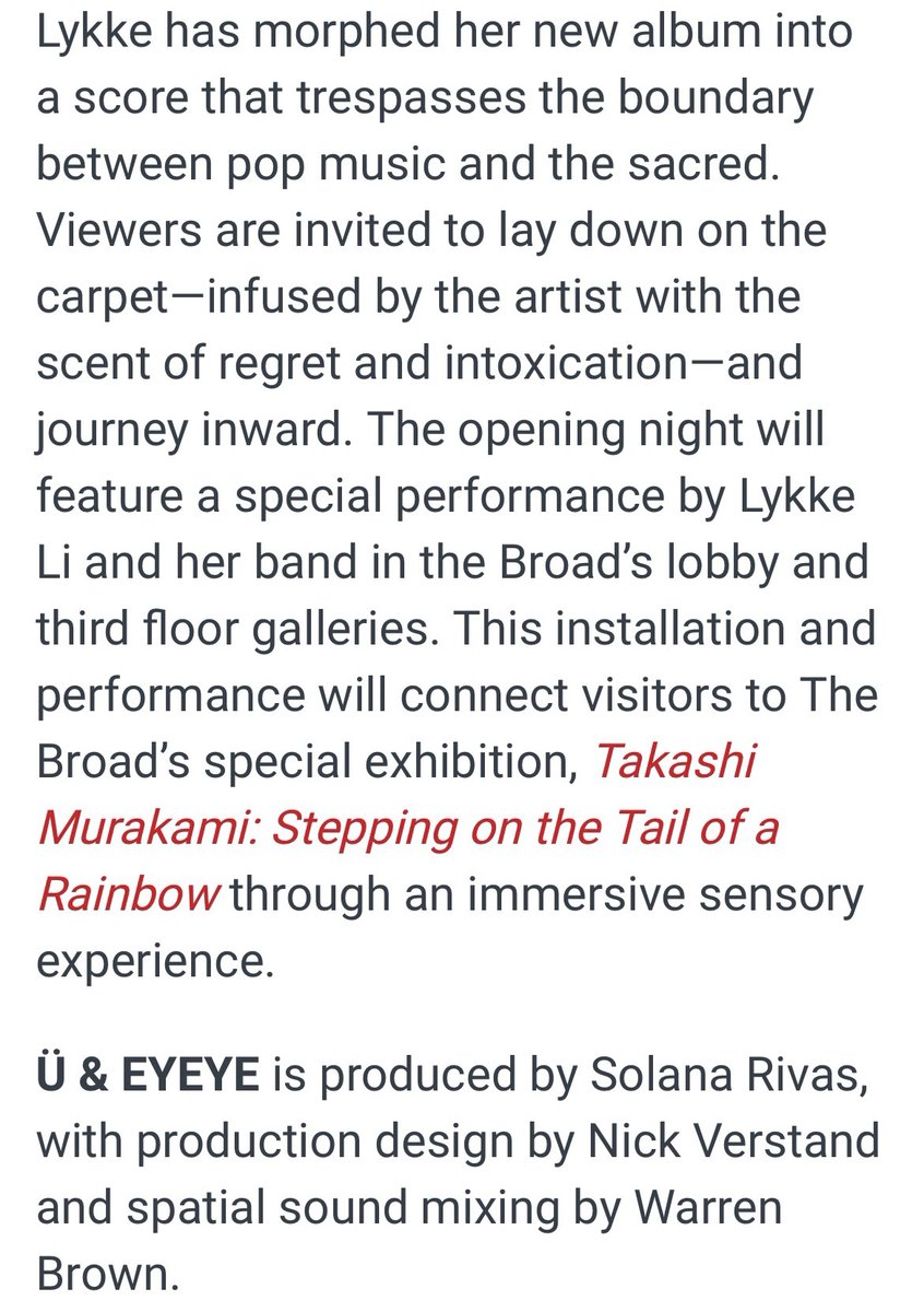 A LIFETIME DREAM COME TRUE incredibly proud and beyond ecstatic to announce this my favorite museum in the universe @TheBroad LYKKE LI: Ü & EYEYE Reserve free tickets starting Weds July 27 at 10am PST thebroad.org/events/resonan…