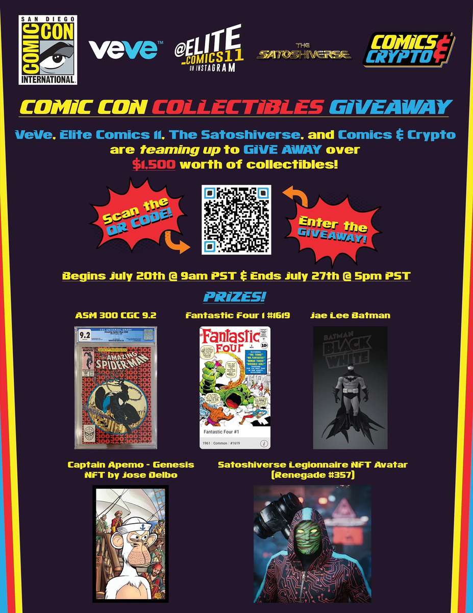 Comics & Crypto (@comicsandcrypto) on Twitter photo In celebration of <a href="/Comic_Con/">Comic-Con International</a>, we are teaming up with <a href="/elite_comics11/">Elite_Comics11 ⭕️</a> & <a href="/veve_official/">VeVe | Digital Collectibles</a> to give away some amazing collectibles! Including a physical ASM300 CGC 9.2 (first full app of Venom)! This giveaway is open everyone WORLDWIDE! Follow the link to enter: gleam.io/5r42K/san-dieg… In celebration of <a href="/Comic_Con/">Comic-Con International</a>, we are teaming up with <a href="/elite_comics11/">Elite_Comics11 ⭕️</a> & <a href="/veve_official/">VeVe | Digital Collectibles</a> to give away some amazing collectibles! Including a physical ASM300 CGC 9.2 (first full app of Venom)! This giveaway is open everyone WORLDWIDE! Follow the link to enter: gleam.io/5r42K/san-dieg…