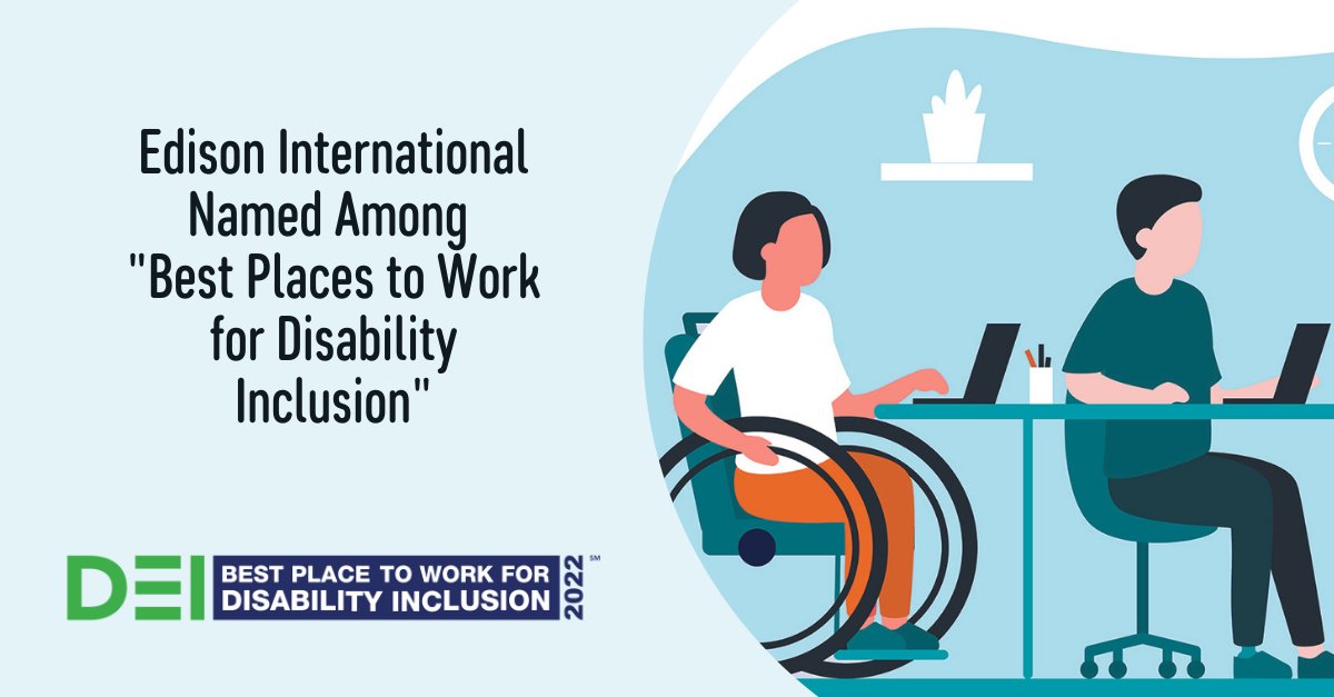SCE_Careers (@sce_careers) on Twitter photo We all win when we’re included. <a href="/edisonintl/">Edison International</a> is recognized as a “Best Place to Work for Disability Inclusion.” We are honored to have earned a 100% score on the Disability Equality Index by <a href="/DisabilityIN/">Disability:IN</a> and <a href="/AAPD/">AAPD</a>. #DEI2022 bit.ly/3OlmVSv We all win when we’re included. <a href="/edisonintl/">Edison International</a> is recognized as a “Best Place to Work for Disability Inclusion.” We are honored to have earned a 100% score on the Disability Equality Index by <a href="/DisabilityIN/">Disability:IN</a> and <a href="/AAPD/">AAPD</a>. #DEI2022 bit.ly/3OlmVSv