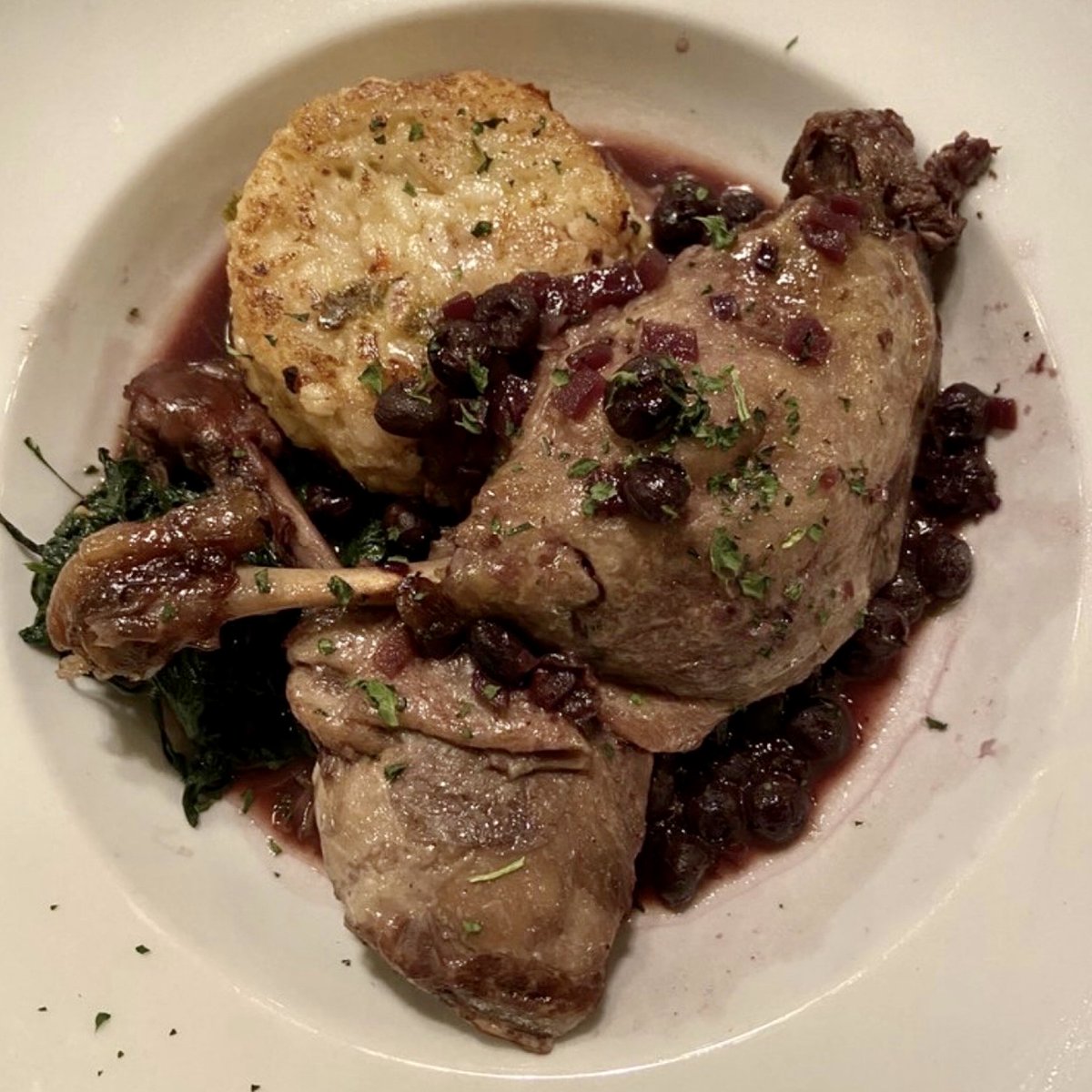ChefFeker's tweet photo. Slow-roasted, cage-free Wisconsin duck. Michigan blueberry reduction. Veggie risotto cake. My duck entree at #ILMITO is all that it’s “quacked” up to be … DELICIOUS!!! 😍 https://t.co/WkVrnVDOb3