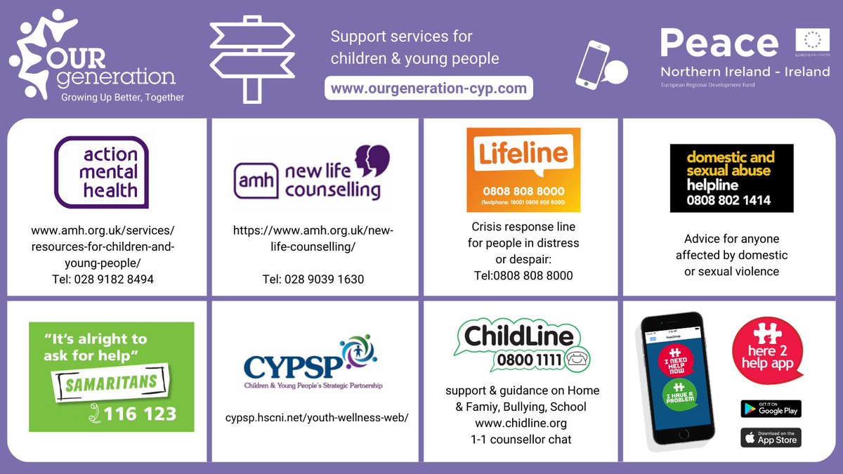There are a range of #mentalhealth resources on our website for children, young people and key contacts, available here 👉  bit.ly/3aXhKu4 
Below are some other sources of help &amp; support if you or someone you know needs help. 💛💙💚💜#WellnessWednesday <a href="/SEUPB/">SEUPB</a> #PeaceIV