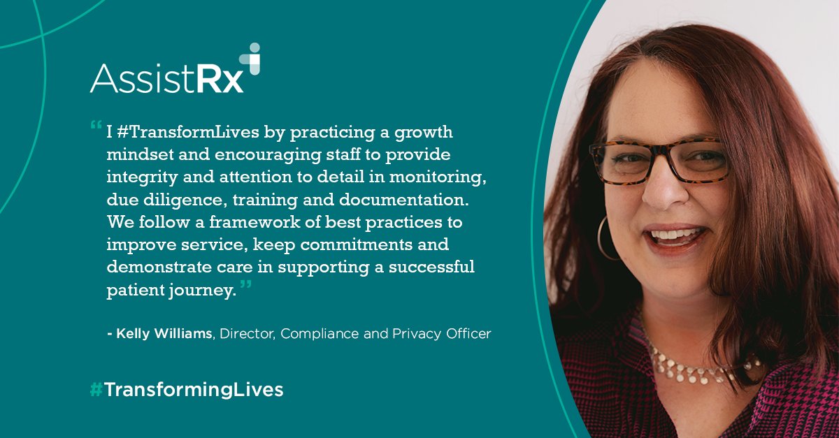 AssistRx's tweet photo. For Compliance Director and Privacy Officer Kelly Williams, #TransformingLives means developing a culture that delivers excellence to patients and providers. #InformedAccess #ImprovedOutcomes https://t.co/l3bEAHNabI