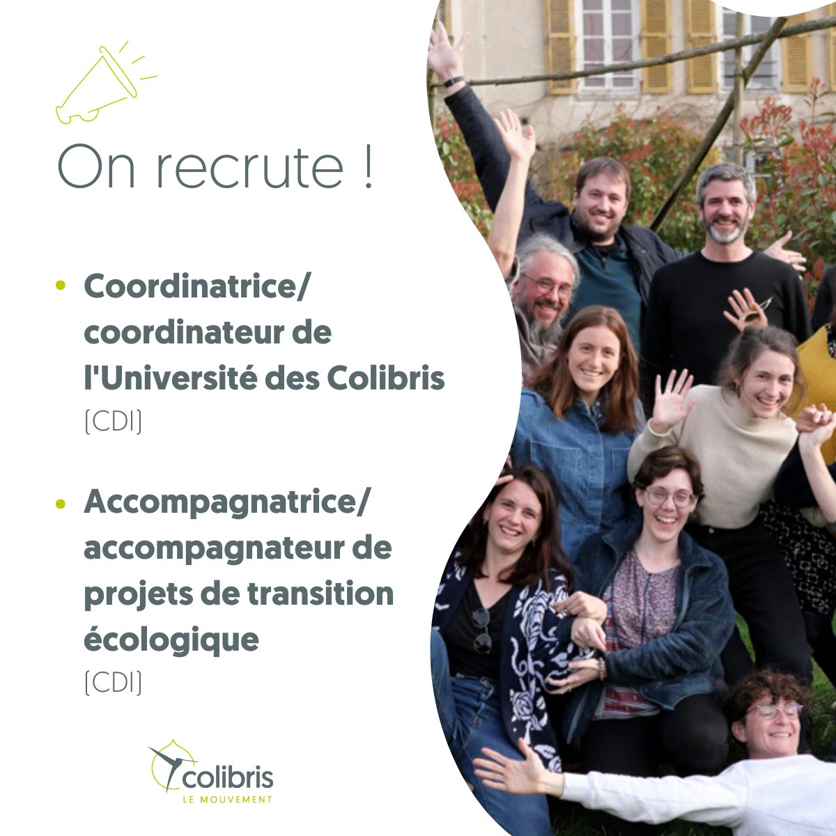 mvtcolibris's tweet photo. Deux postes en #CDI sont ouverts actuellement à l'Université des Colibris et pour nos actions d'accompagnement.

Rejoignez-nous 👉 https://t.co/yJEJ8DIZiR https://t.co/Al3ZiFPahy