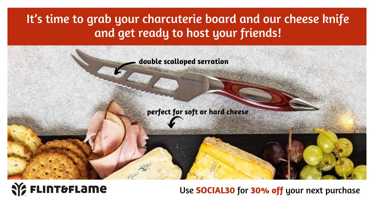 It’s time to grab your charcuterie board and our cheese knife! Our cheese knife is perfect for soft or hard cheese and has double scalloped serration making it versatile to handle other snacks that share the board: flintandflame.com/product/rl-5-c… Use coupon code SOCIAL30 at checkout