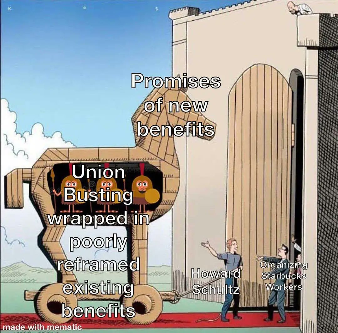 Meme is about <a href="/SBWorkersUnited/">Starbucks Workers United</a> but <a href="/PAGOP/">PA GOP</a> is doing the same thing with SB949. We r ALREADY entitled to unemployment &amp; workers comp. #uberfiles tell us to ask how much $ <a href="/SenRobinsonPA/">Senator Devlin Robinson</a> &amp; <a href="/SenatorKimWard/">Sen. Kim Ward</a> get from Uber &amp; DoorDash. 

<a href="/UBCJA_Official/">Official UBC</a> <a href="/seiu32bj/">seiu32bj.org</a>