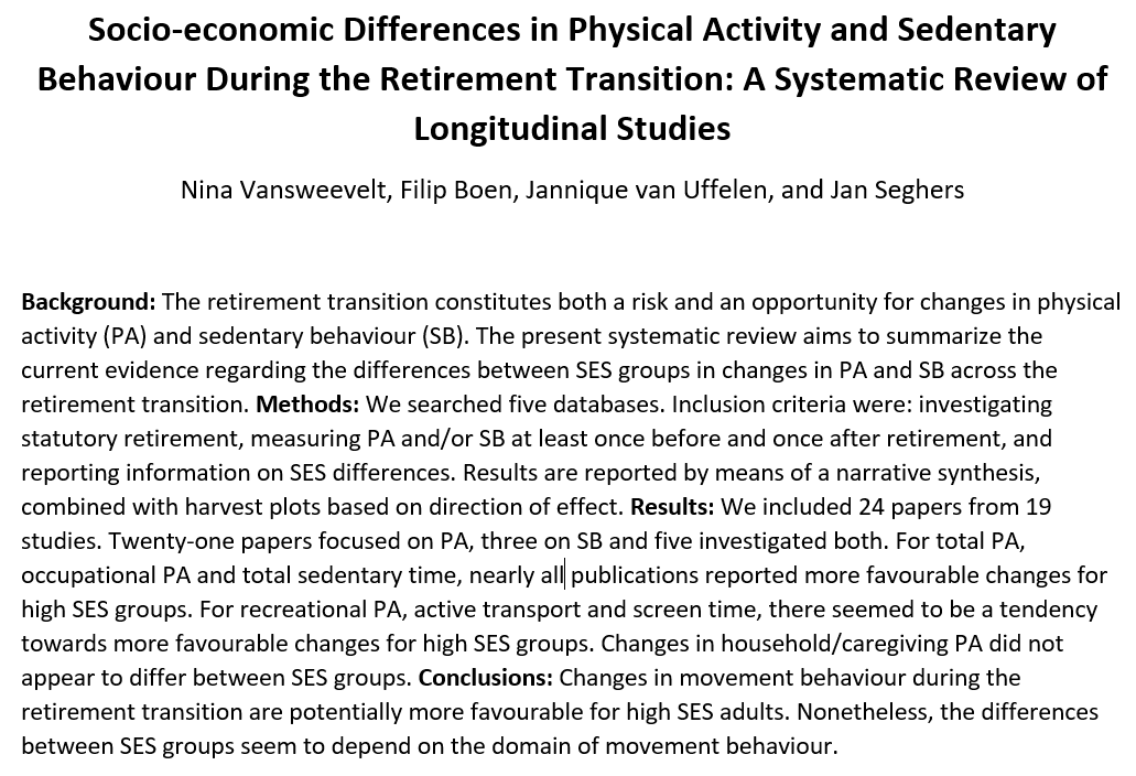 Brand new systematic review of physical activity during the transition to #retirement from <a href="/NVansweevelt/">Nina Vansweevelt</a>, @filip_boen, Jannique van Uffelen, &amp; <a href="/JanSeghers/">Jan Seghers</a>. 

Coming soon!