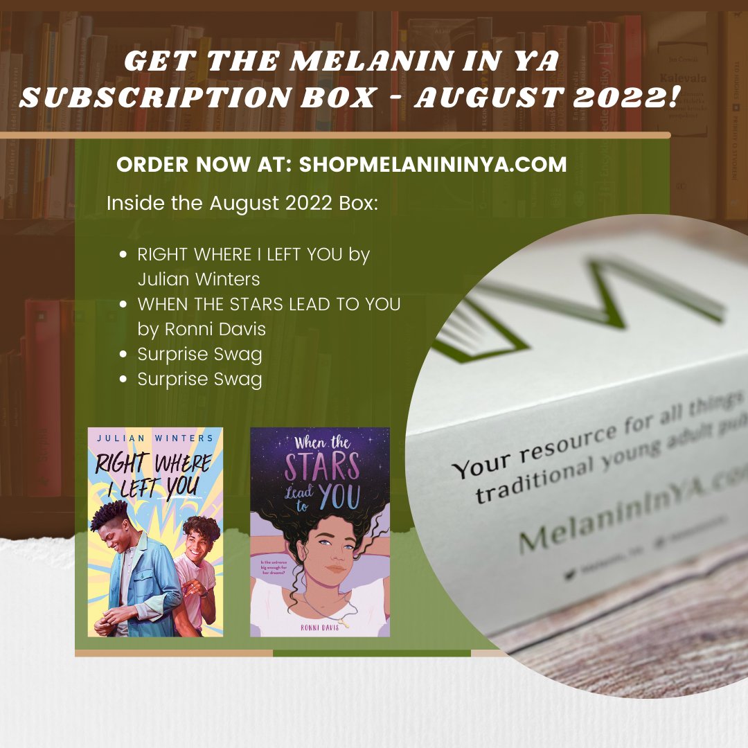 melanin_ya's tweet image. Pre-order the August 2022 Melanin in YA Subscription Box Today!

Featuring RIGHT WHERE I LEFT YOU by @julianw_writes and WHEN THE STARS LEAD TO YOU by @lilrongal plus swag from black own businesses!

shopmelanininya.com/products/melan…

#MelanininYA