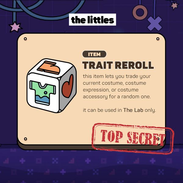 thelittlesnft's tweet photo. 🗒️TIDBITS#005

what in the world is a trait reroll? 🎲

you feeling lucky for a new fit? would you test your luck to find out? 👀

!weee https://t.co/6BtWaYtoup