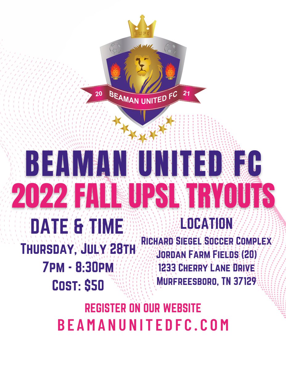 It's that time of the season. Tryout for our Fall UPSL season. July 28th from 7pm - 8:30pm. Register and pay on our website linked in our bio. We hope to see you there!
#beamanunitedfc #upsl #nashvillesoccer
