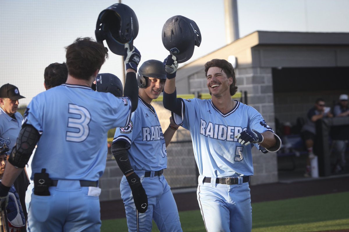Check out action from Tuesday’s Playoff Games!

BJ Raiders 2B Jacob Selock (Northwest Missouri State) celebrates with teammates after his home run.
