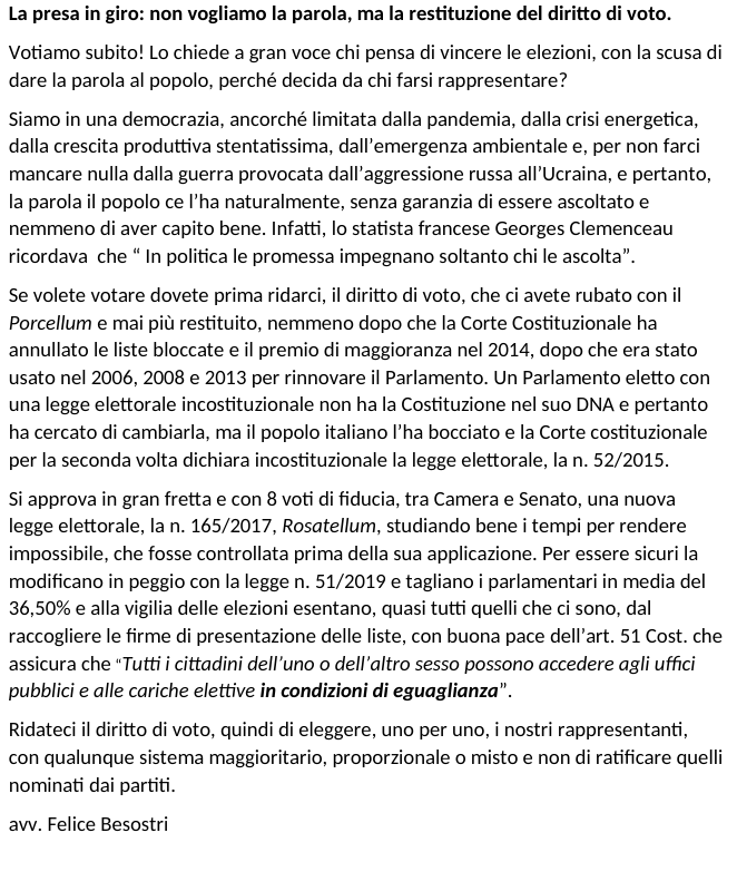 @kappagrossi @Fata_Turch @nzingaretti @pdnetwork @GiusPecoraro @AntonioSassone7 @ValeryMell1 Il voto ora è una presa in giro: non vogliamo la parola, ma la restituzione del diritto di indicare direttamente i nostri rappresentanti, una #leggeelettorale senza #listebloccate e #multicandidature #scelgoio  @acropolita