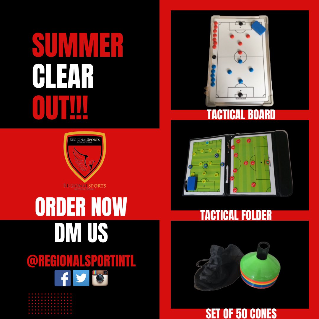 SUMMER CLEAR OUT ⚽️⚽️⚽️
Tactical Board with magnets, pen &amp; eraser.
Tactical Folder with magnets, pen, eraser.
Set of 50 cones.

DM us now for price and more details.
#coaching #football #soccer #equipment