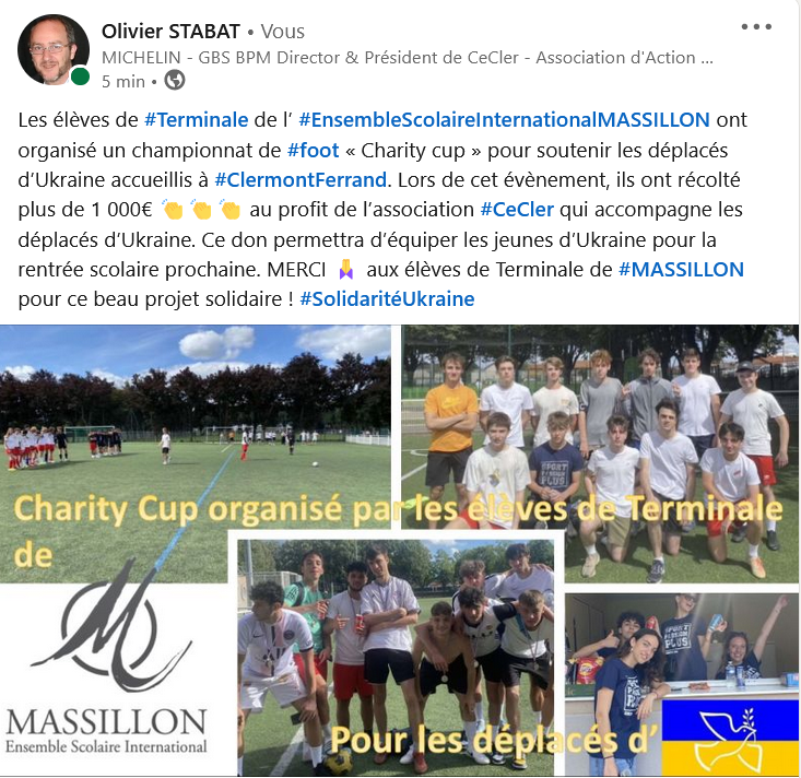 Les élèves de #Terminale de l’ #EnsembleScolaireInternationalMASSILLON ont organisé un championnat de #foot « Charity cup » pour soutenir les déplacés d’Ukraine accueillis à #ClermontFerrand. Lors de cet évènement, ils ont récolté plus de 1 000€ 👏👏👏 au profit de  #CeCler