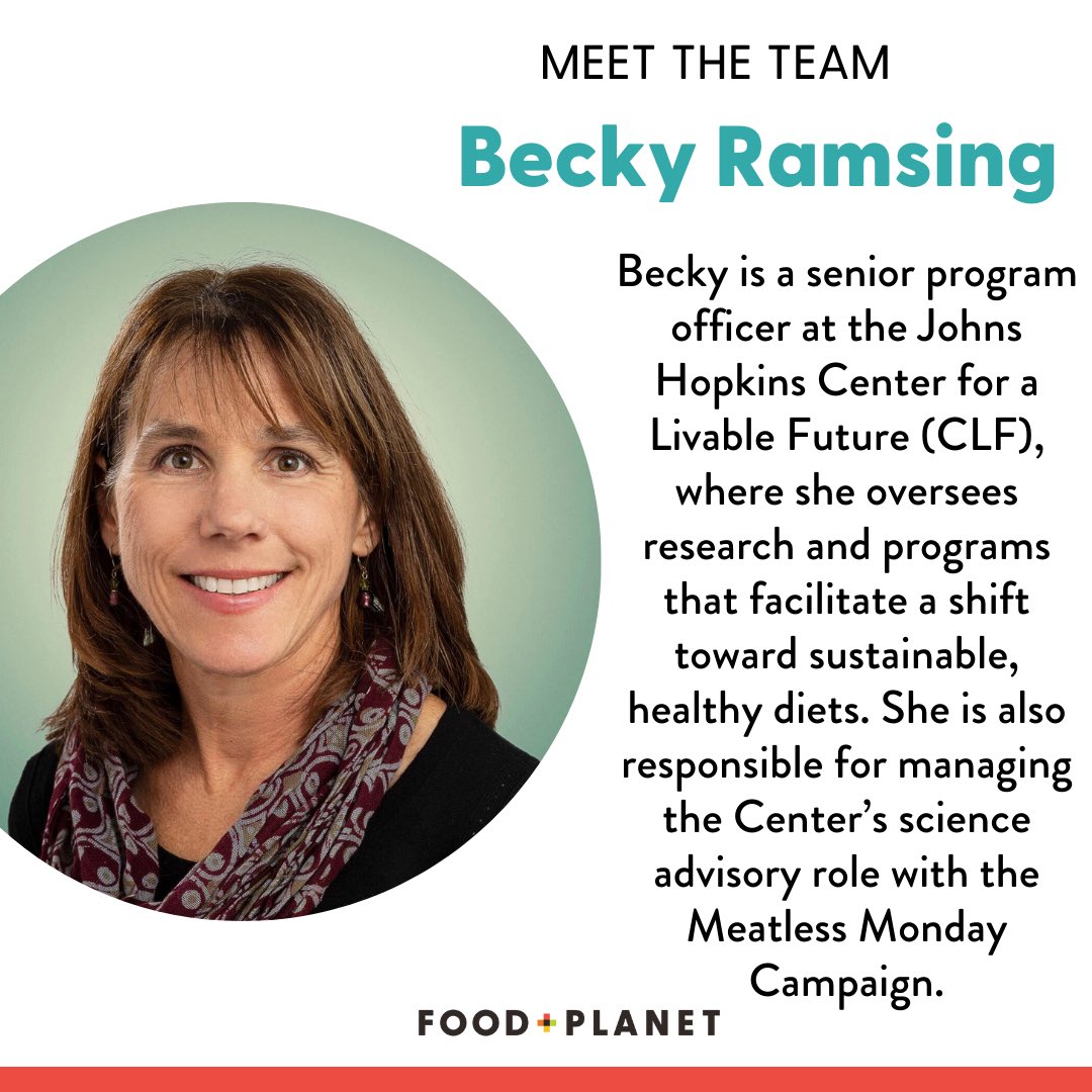 Meet the team behind Food + Planet! @beckyramsing is an esteemed member of our Advisory Board. She's a senior program officer at the Johns Hopkins Center for a Livable Future, where she oversees research, communication, and programs that promote a shift toward sustainable diets!