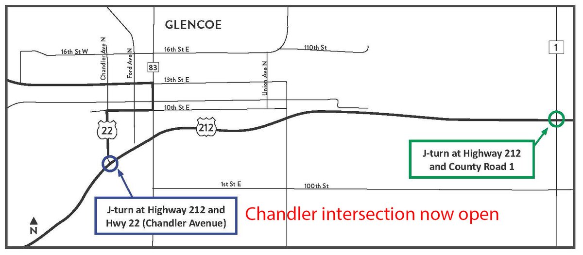 Hwy 212 and Chandler J-turn in Glencoe is now open. To head E on Hwy 212, make a slight right onto Hwy 212, enter &amp; complete the new U-turn. To head W on Hwy 212, make a right turn (no change). To turn onto Chandler from Hwy 212, enter the dedicated turn lane (no change).