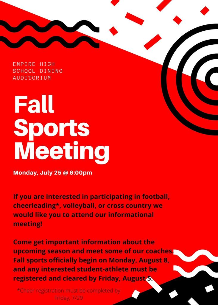We will be having our Fall Sports Meeting this Monday, July 25th. If you are thinking of playing a fall sport, please plan to attend! Please email Mrs. Wesberry (wesberrya@vailschooldistrict.org) or Mr. Woolridge (woolridges@vailschooldistrict.or) with any questions.