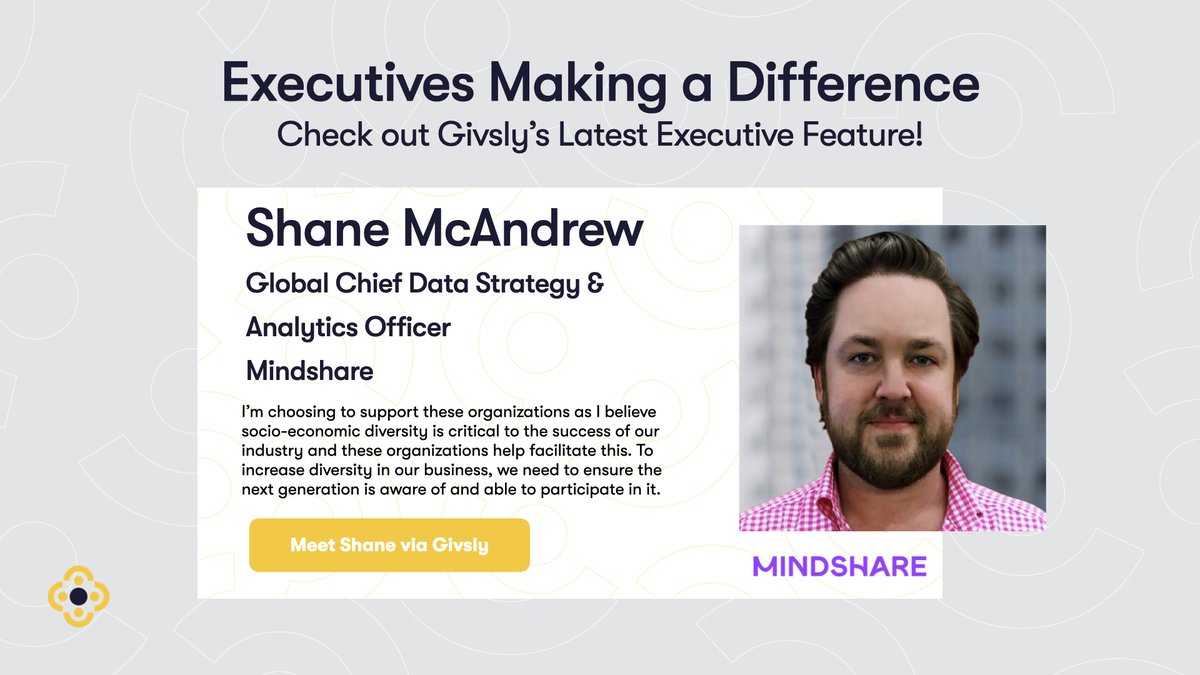 Book a meeting w/ Global Chief Data Strategy &amp; Analytics Officer at Mindshare, Shane McAndrew! 

Shane's profile is LIVE on the Givsly platform w/ one meeting available to book in support of <a href="/mindsmatterNYC/">Minds Matter of NYC</a>, <a href="/AdClubNY/">The ADVERTISING Club</a> &amp; <a href="/marcylabschool/">The Marcy Lab School</a>. 

Book Shane today: givsly.com/l/61699989-1bc…
