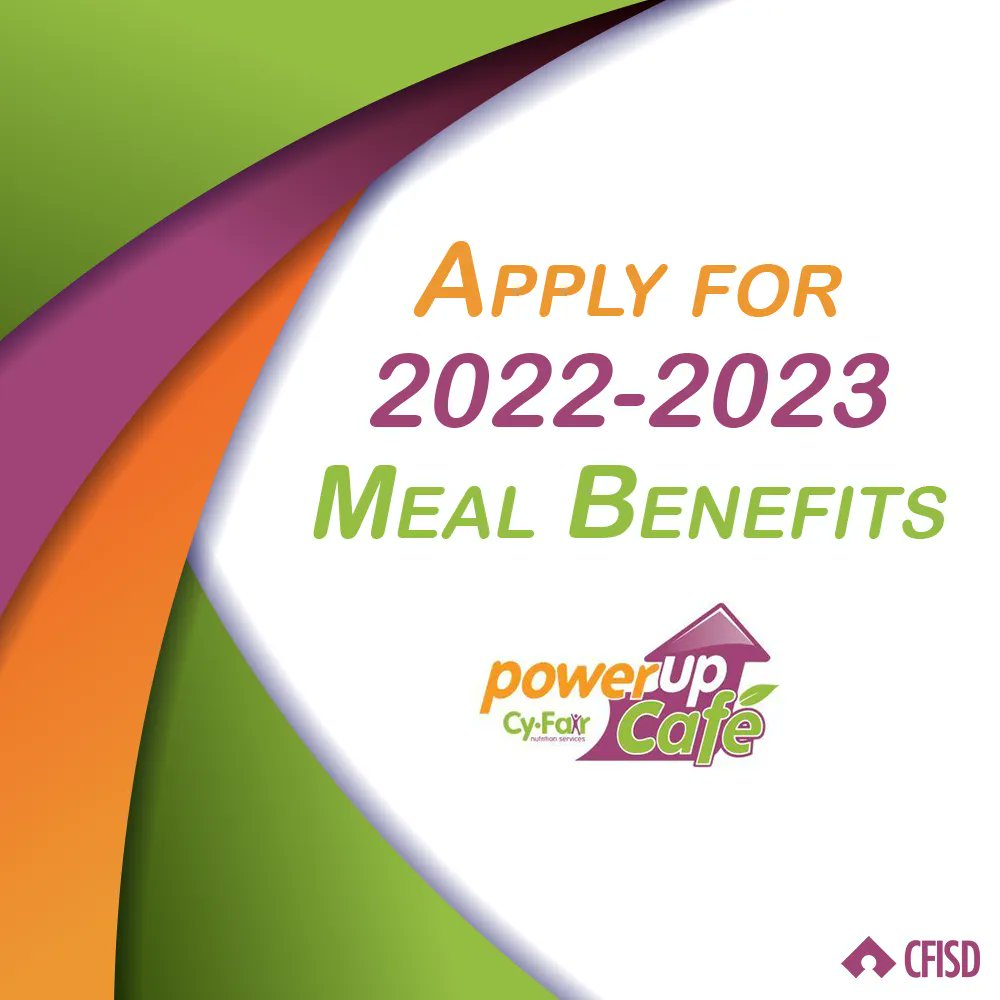 CyFairISD's tweet photo. Reminder: starting in the 2022-2023 school year, school meals will no longer be offered at no cost to all students. If you think that your child may qualify for benefits, @PowerUpCafe encourages you to fill out an application for meal benefits at https://t.co/KSkD8FFM8Z. https://t.co/0IWDLa0pU1