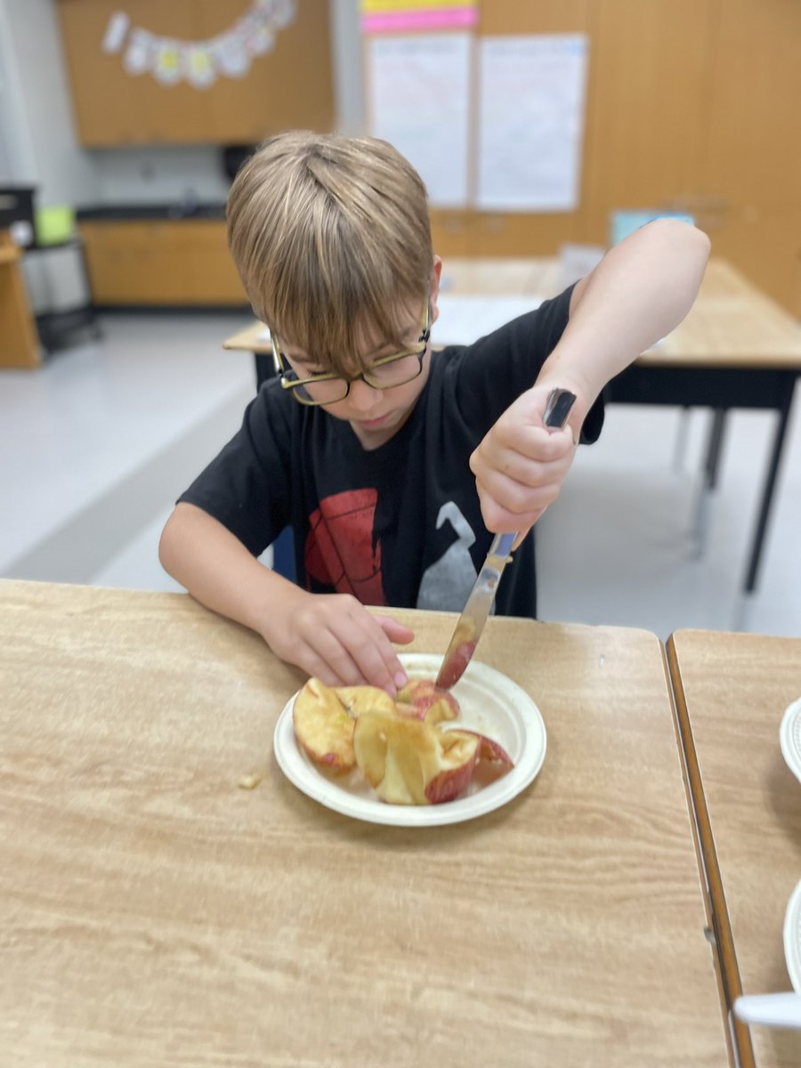 MsLaforet's tweet photo. My oh my, #CampDiscovery made PIE! We used our generous fruit delivery to make delicious peach and apple pies 🍎🥧🍑 #GECDSBSLP2022 @KellieLalonde10  @DarinTeach https://t.co/HspxKziVLe