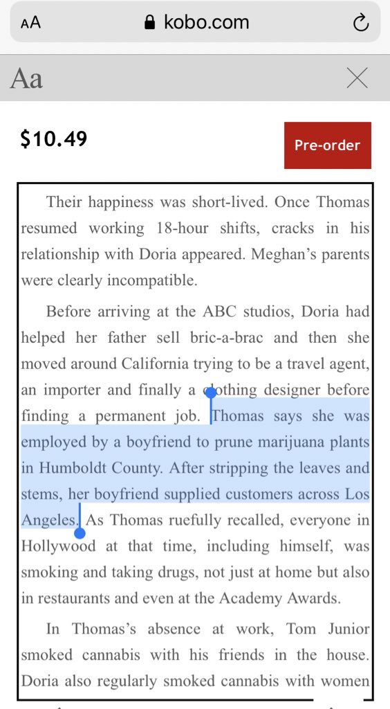 BaronessBruck's tweet photo. Casually, Tom Bower drops this bomb in one of the earlier chapters (free for preview @ Kobo‼️)
<‘Doria changed after we married,’ admitted Thomas Markle. ‘I didn’t realise she would still smoke so much weed’>🌱😆💨
Oh, & between her many odd jobs, Doria worked at weed farm 🤷🏻♀️ https://t.co/mLo3OPAZ74