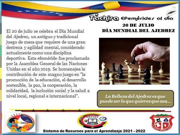 #20Julio Día Mundial del Ajedrez "Puedes ser lo que quieres ser". Desde el <a href="/lnamd1968/">LNAMD1968</a> Estado #Tachira Municipio #Jauregui La Grita
@MPPEDUCACION 
<a href="/FreddyBernal/">Freddy Bernal</a> 
@ZonaEducTachira 
<a href="/Berzabethg1/">Berzabethgandicaoficial</a> 
<a href="/carloschaconlg/">Juan Carlos Chacon</a> 
<a href="/Crazet2011/">Crazet2011</a> 
<a href="/CRAJAUREGUI2/">CRAJAUREGUI</a>
@educ_jauregui