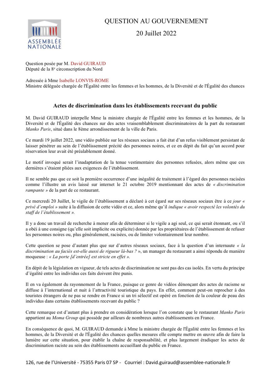 GuiraudInd's tweet photo. 🤔 Le Manko Paris va devoir s’expliquer

Suite aux vidéos récentes qui dénoncent un filtrage excluant les noirs du restaurant, j’écris une question au gouvernement sur les actes de filtrage raciste dans les lieux reçevant du public. J’ai aussi alerté la Defenseure des Droits https://t.co/z5cgJoFsj1