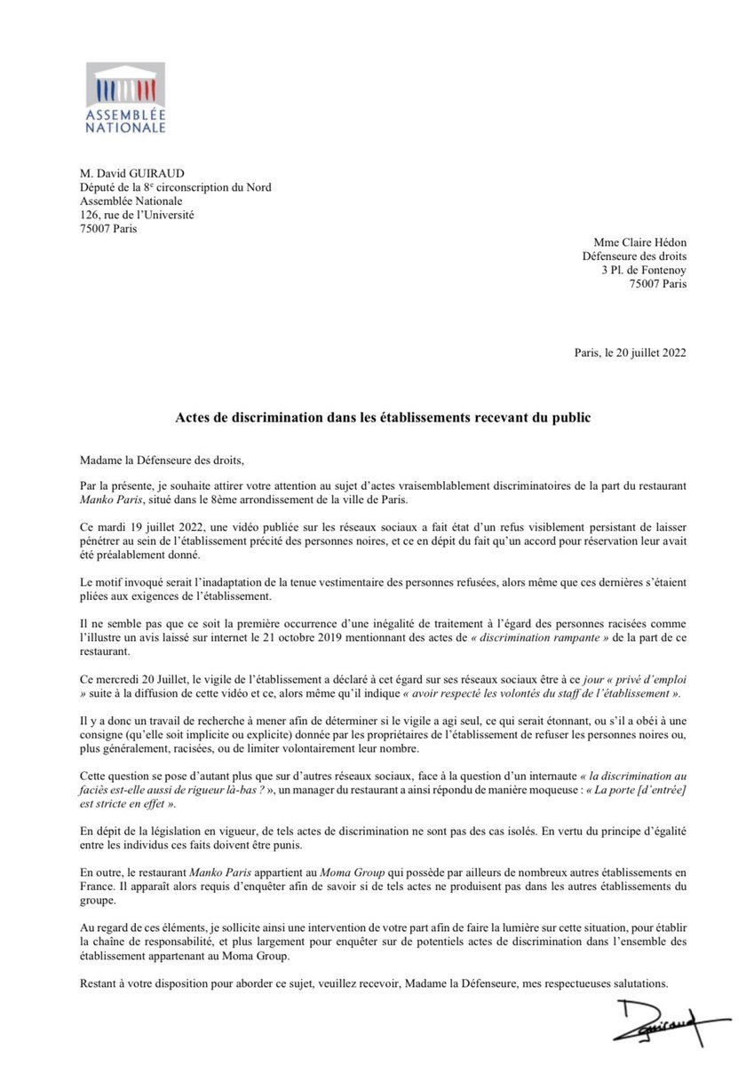 GuiraudInd's tweet photo. 🤔 Le Manko Paris va devoir s’expliquer

Suite aux vidéos récentes qui dénoncent un filtrage excluant les noirs du restaurant, j’écris une question au gouvernement sur les actes de filtrage raciste dans les lieux reçevant du public. J’ai aussi alerté la Defenseure des Droits https://t.co/z5cgJoFsj1