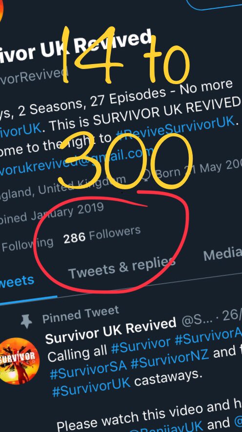 SurvivorRevived's tweet image. I am 14 followers away from 300.

It occurs to be that if the missing #SurvivorSA Outcast / Castaways and @lerouxbotha all jumped on the #ReviveSurvivorUK campaign... that’ll bring me bang on to 300.

How about it? Can you show a #SurvivorUK brother some love? 😊