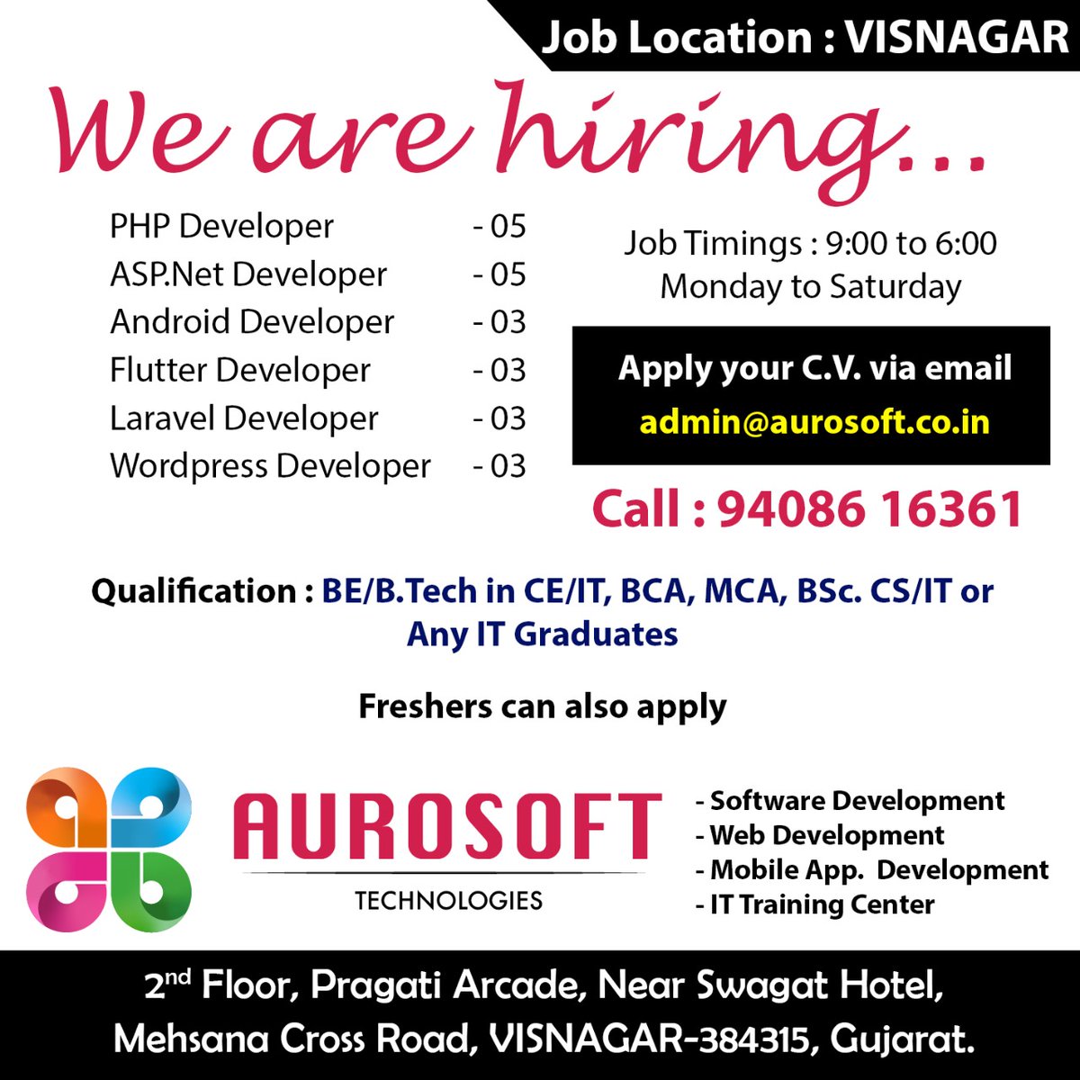bapsKirtan24X7's tweet image. Greetings from Aurosoft Technologies Private Limited.
We are hiring for the below-mentioned positions.
#phpdeveloper #aspdotnetdeveloper #androidappdeveloper #flutterdeveloper #laraveldeveloper #wordpressdeveloper #hiring #fresherscareer #freshersjobs #freshershiring