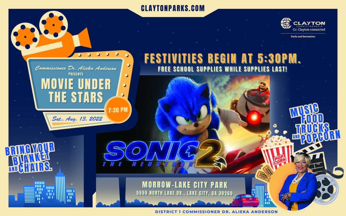 Join Commissioner Dr. Alieka Anderson for Movie Under the Stars! We'll be viewing Sonic 2 - The Hedgehog on Sat. 08/13/2022, at Morrow-Lake City Park, 5555 North Lake Drive, Lake City. Festivities begin at 5:30 p.m.  Free school supplies while supplies last. #Claytonconnected https://t.co/2s411yICO2