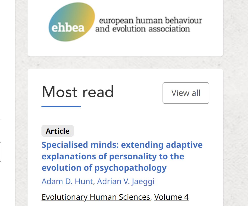 Woohoo! 
Happy to say my paper with @JaeggiAdrian on how evolved cognitive specialisation could explain personality and psychopathology is 'most read' on the Evolutionary Human Sciences journal website atm! 🥳🥳🥳

Check it out if you haven't already ;-)
cambridge.org/core/journals/…