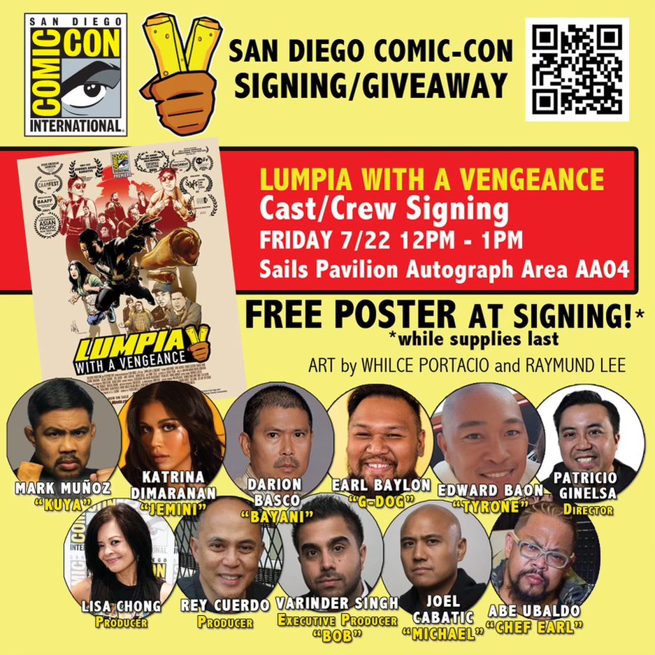 Some Friday (7/22) happenings w/ the <a href="/LumpiaMovie/">LUMPIA WITH A VENGEANCE Now Streaming @Tubi</a> crew at <a href="/Comic_Con/">Comic-Con International</a>:

12pm - CAST/CREW AUTOGRAPH SIGNING - Sails Pavilion AA04

1pm - TAKE A PHOTO WITH US! - Steps behind the Convention Center; Facing Marina/Bayfront Park

8pm - POP-UP SIGNING a/ @JaysonAtienza - 423 F. Street