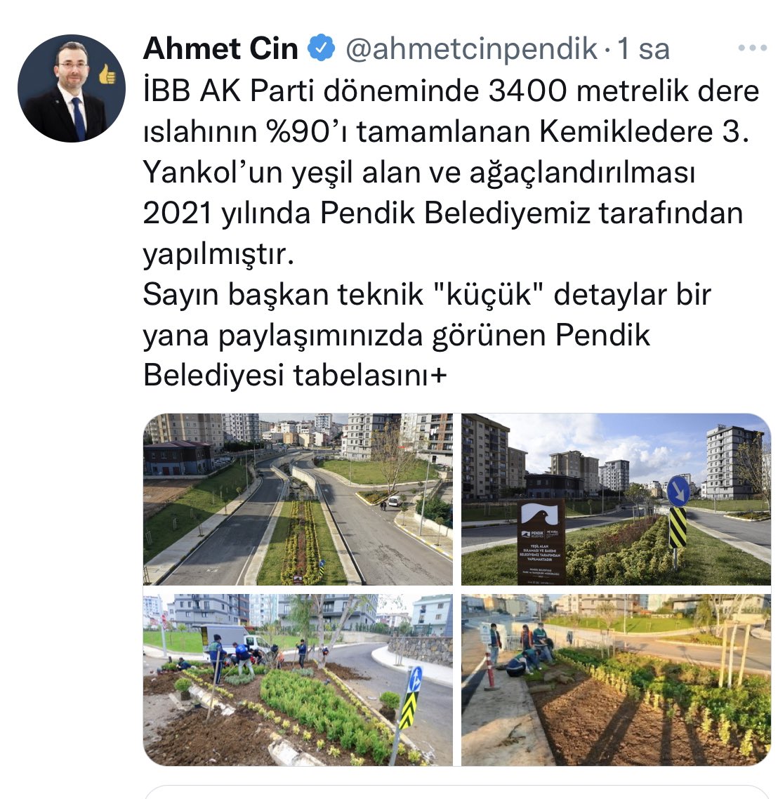 Pendik Belediye Başkanı Ahmet Cin, İBB Başkanı Ekrem İmamoğlu’nun ❝ıslahını yaptık, çevresini yeşil alan yaptık.❞ sözleriyle paylaştığı Pendik Kemiklidere’nin ıslahının %90’ının İBB AK Parti döneminde, çevre düzenlemesinin de Pendik Belediyesince yapıldığını paylaştı.