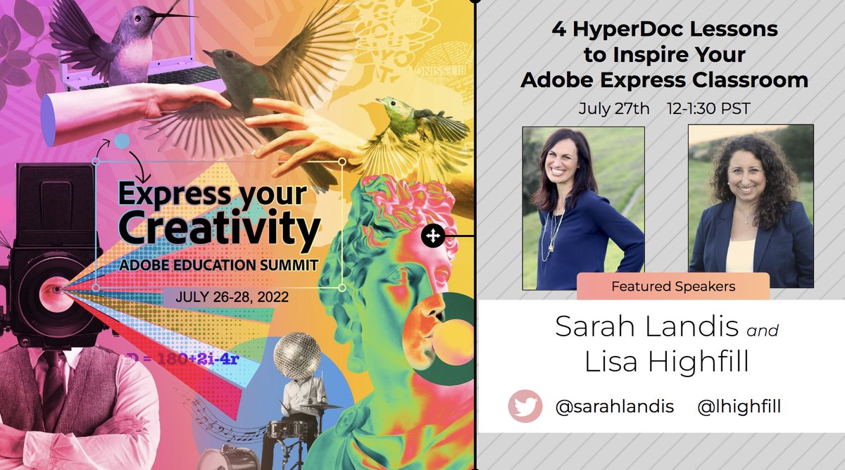 Our favorite creativity gathering is next week! Are you registered for <a href="/AdobeForEdu/">Adobe For Education</a> FREE summit? Excited to share new #hyperdocs and ways to integrate <a href="/AdobeExpress/">Adobe Express</a> into lesson design ALL YEAR long! Curious? Read and register at bit.ly/adoberegister <a href="/lhighfill/">Lisa Highfill</a> <a href="/MsClaraGalan/">Clara Galán</a>