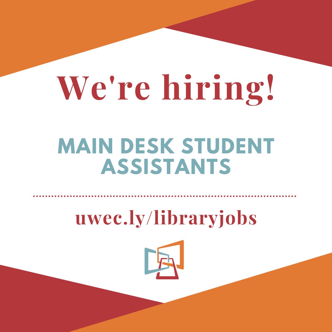 uwec_library's tweet image. 😀 Hey Blugolds, we&apos;re hiring for fall 2022!

Go to uwec.ly/libraryjobs for more information about current student job openings and a link to the campus job platform, Handshake.

#UWEC #McIntyreLibrary