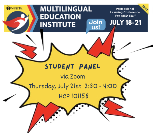 AISDMultilingue's tweet photo. 📢Attention AISD Staff 📢 Register NOW for this student panel session via Zoom to hear the voices of students participating in the multilingual programs we offer in AISD. It is a great opportunity to hear the experiences of our learners. https://t.co/JZ1oAohDcl