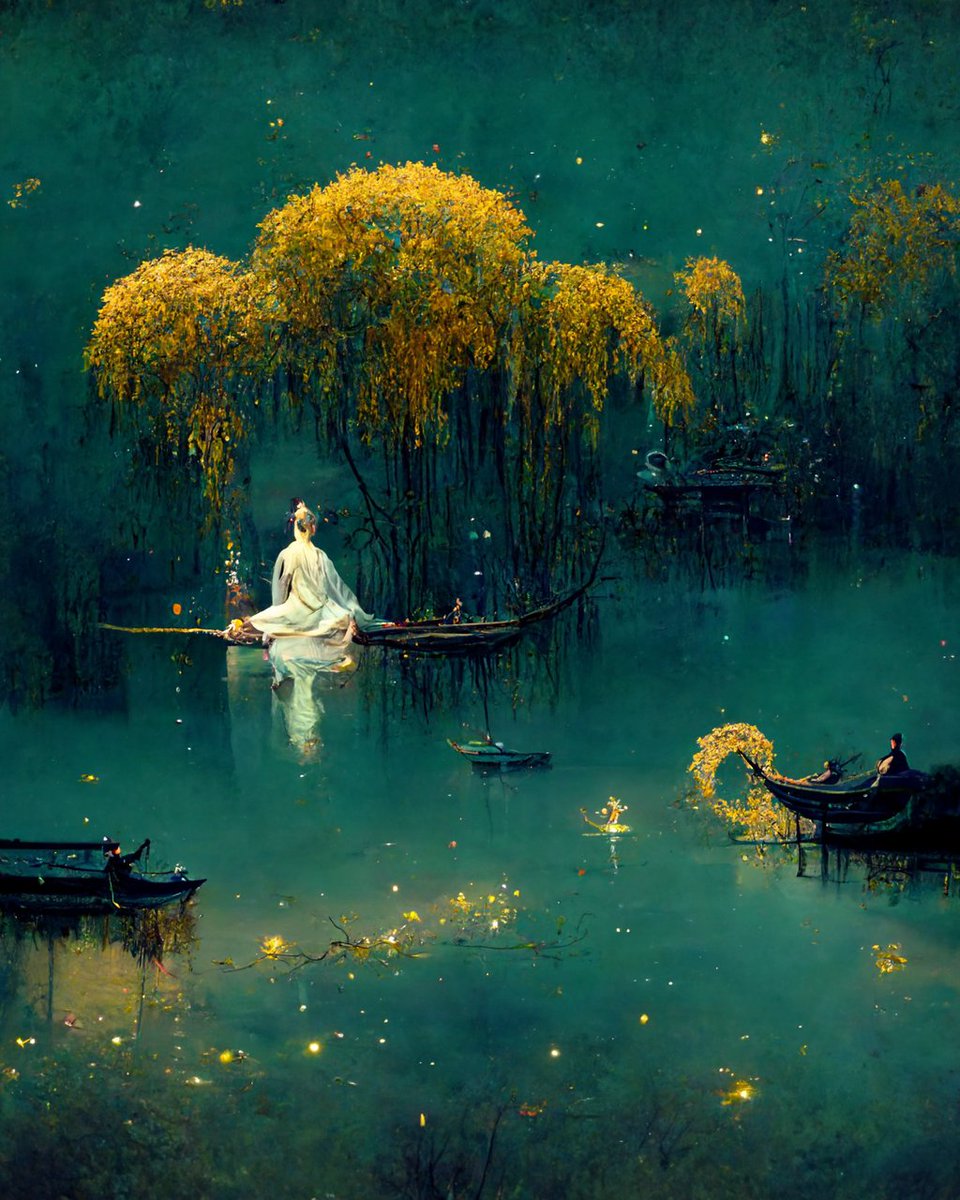 vfxartisan's tweet photo. @midjourney
a wide shot of magic floating on a mystic pond, willow tree, serenity, cinematic composition, rule of thirds, white background, gold and teal accents, by Edmund Dulac and Huang Guangjian, Trending on artstation

#midjourney #midjourneyart #midjourneyai #ai #aiart https://t.co/0qzWQFrV6u