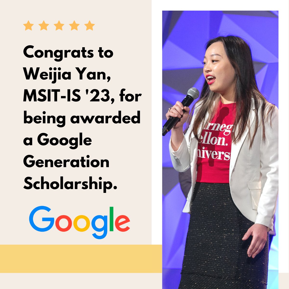 The INI is proud of Weijia Yan, MSIT-IS '23, for being awarded a Google Generation Scholarship. Recipients show "a passion for technology, academic excellence, and have proven themselves as exceptional leaders and role models." #technology #google #leaders #carnegiemellon