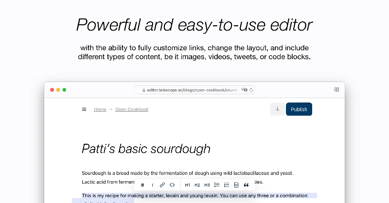 telescope_ac's tweet photo. Telescope is a publishing platform with a focus on simplicity, speed, and privacy.
Comes with unique content distribution mechanisms, beautiful customizable design, and a bunch of SEO optimizations.
Start your blog in a minute!