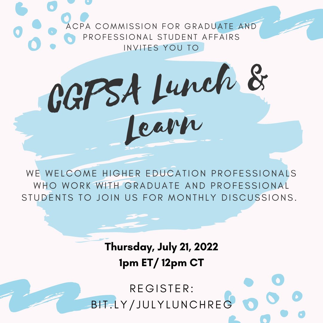 Come join us tomorrow, July 21st, for the monthly ACPA CGPSA Lunch and Learn! 
Register at bit.ly/JulyLunchReg