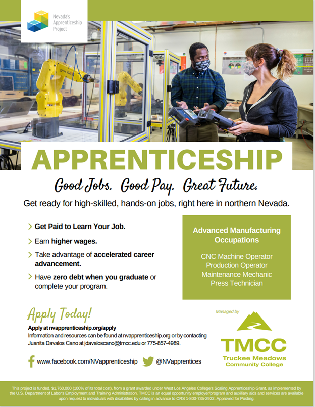 Looking to accelerate your skills in Advanced Manufacturing? TMCC and the Nevada Apprenticeship Project can help you get started! Check out our website to learn more and contact our team. nvapprenticeship.org