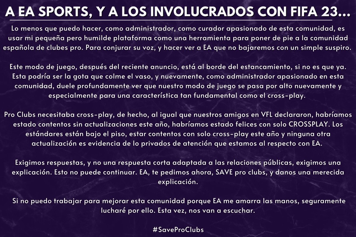 Toca levantar la voz, esta vez nos van a escuchar. 

- @EASPORTSEsp @EASPORTSFIFA

#SaveProClubs