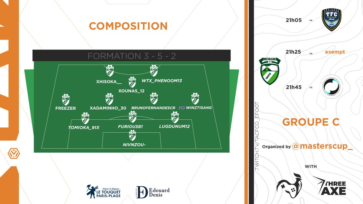 🏆𝗠𝗮𝘀𝘁𝗲𝗿𝘀𝗖𝘂𝗽 <a href="/masterscup_/">Masters Cup</a> 

📋ℙ𝕣𝕠𝕘𝕣𝕒𝕞𝕞𝕖 &amp; 𝕔𝕠𝕞𝕡𝕠

Match 1 21:05 🆚<a href="/TrelissaceFoot/">Trelissac eFoot 🇨🇵</a> 
Match 2 21:25❌
Match 3 21:45🆚<a href="/SpliceAraneae/">Splice Aranea-e</a> 
---
1/8 22:10
1/4 22:30
1/2 23:00
---
Finale 23:30

Les matchs du @TACFCO_eFoot sont à suivre ici⤵
📺twitch.tv/tacfco_efoot