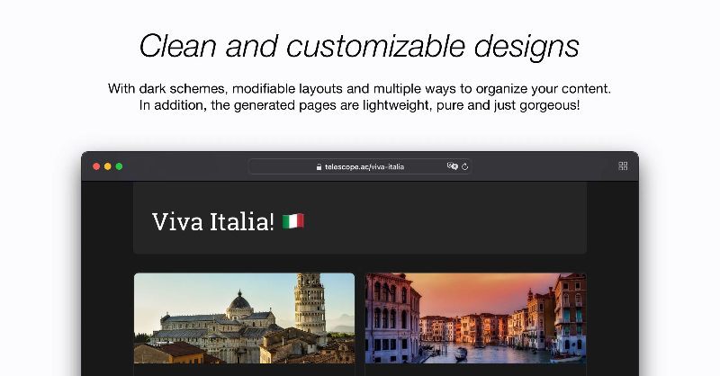 telescope_ac's tweet photo. Telescope is a publishing platform with a focus on simplicity, speed, and privacy.
Comes with unique content distribution mechanisms, beautiful customizable design, and a bunch of SEO optimizations.
Start your blog in a minute!