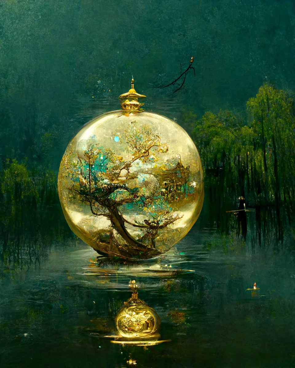 vfxartisan's tweet photo. @midjourney 
a wide shot of a magic orb floating on a mystic pond, willow tree, serenity, cinematic composition, rule of thirds, white background, gold and teal accents, by Edmund Dulac and Huang Guangjian
#midjourney #midjourneyart #midjourneyai #ai #aiart https://t.co/IDmPXhqHNA