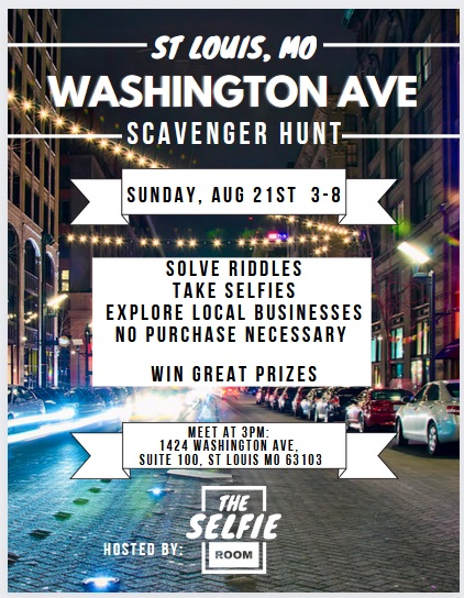 TheSelfieRoom's tweet photo. A downtown St Louis Scavenger Hunt, hosted by The Selfie Room. Sunday, August 21st from 3-8pm. Free to participate, no purchase necessary. Anyone can join. https://t.co/OnsT1wbGOX