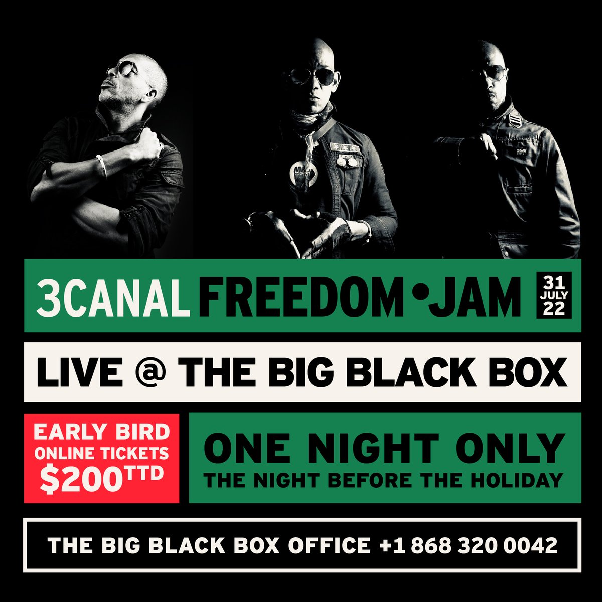When last you had a good Jam in the Backyard? 

Save the date and Join the JAM. 
3CANAL FREEDOM JAM in the Big Black Box. 
Early bird tickets are $200TTD available now online only via Eventbrite till Sunday 24 July! eventbrite.com/e/387239272087