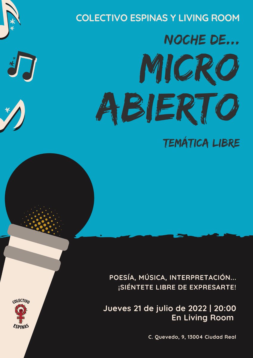 ¡ 🎙️MICRÓFONO ABIERTO🎙️ EN EL 📍LIVING ROOM DE CIUDAD REAL 📍 !
Mañana Jueves 21 de julio a las 20:00 horas, ven a compartir con nosotras tu talento, ¡temática libre!
Tanto si queréis participar como si no, os invitamos a todas a venir a pasar una buena tarde con nosotras 😊
